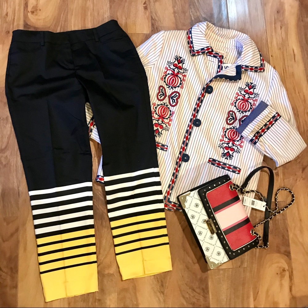 New York & Company Black Pants with Yellow & White Striped Cuffs